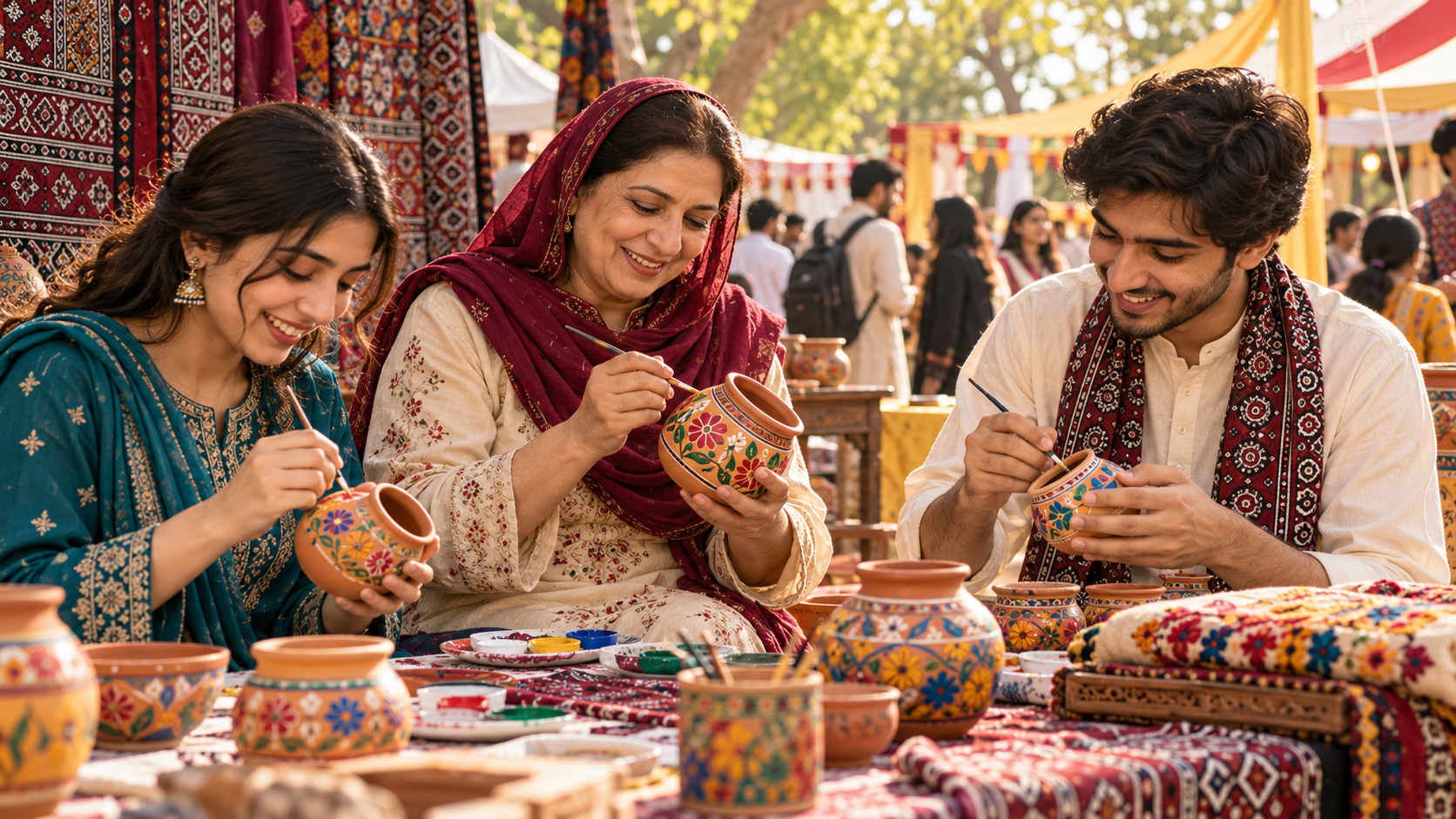 Participants shaping clay at a Pakistani pottery workshop in golden light