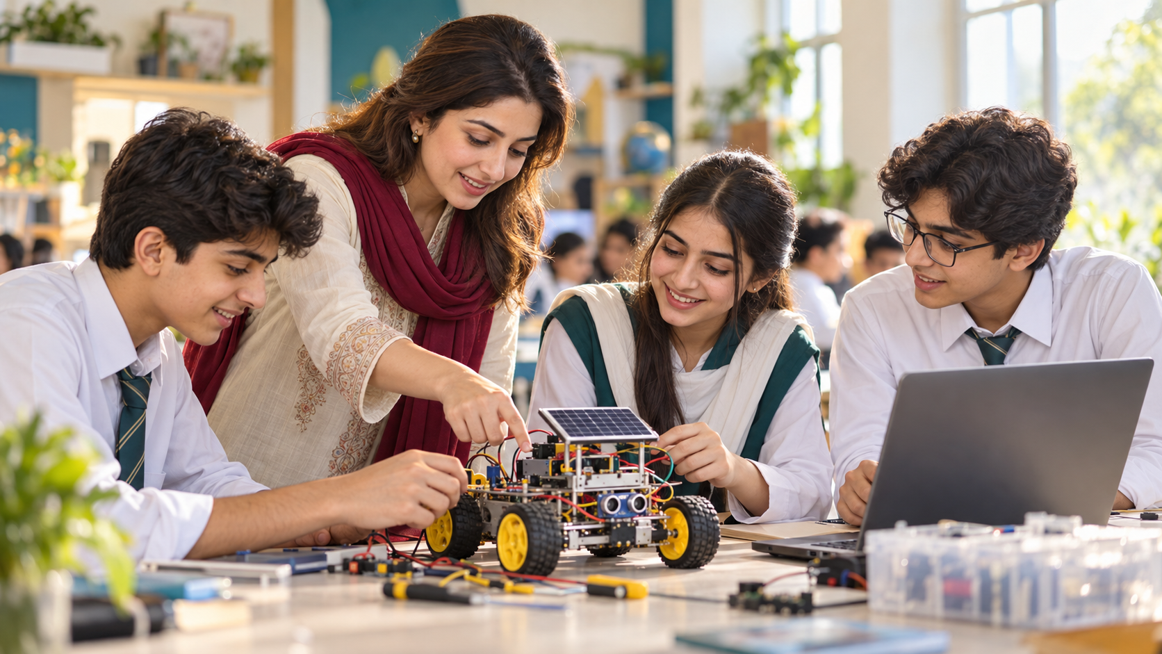 A science teacher mentoring students at a robotics workshop
