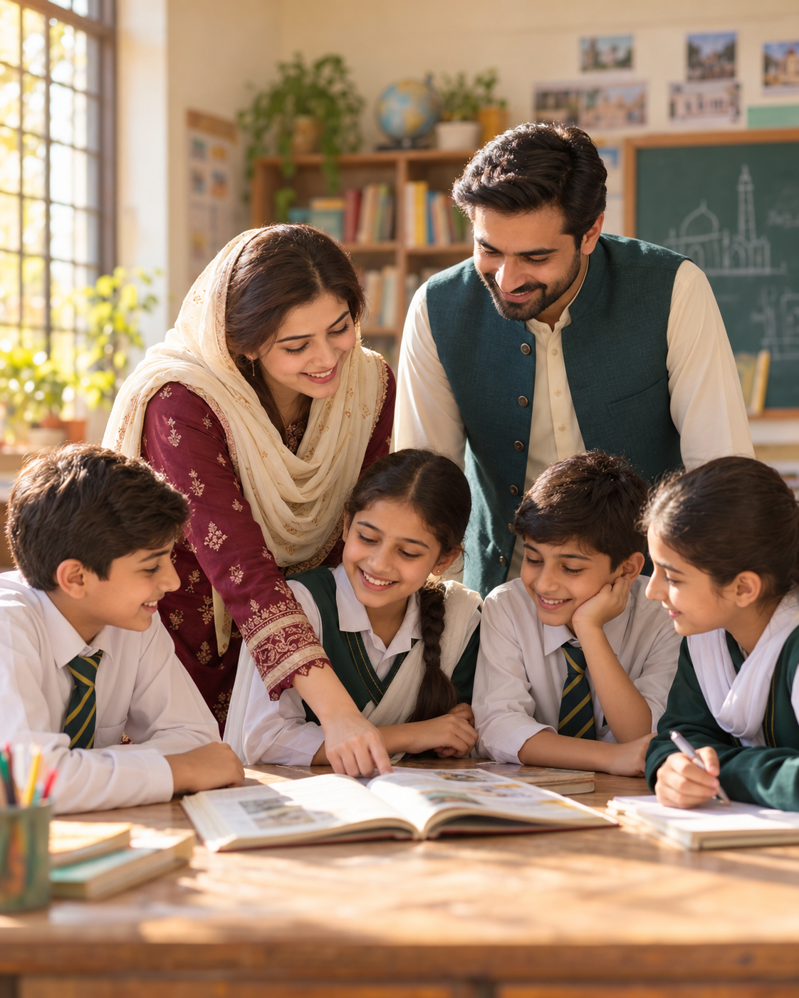 A teacher warmly mentoring a student in a Pakistani classroom